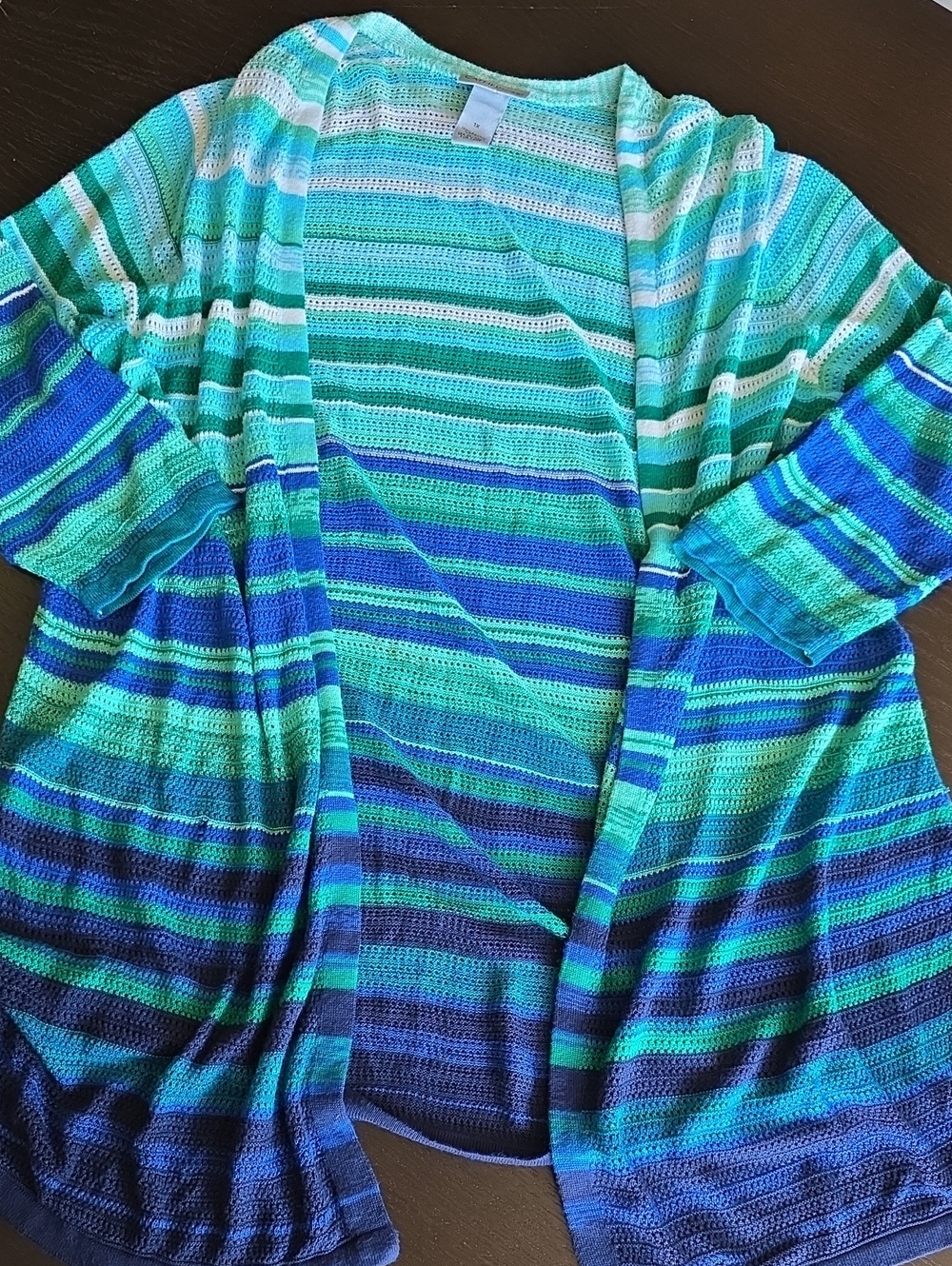 Catherines Blue Green Striped Open-Front Knit Cardigan